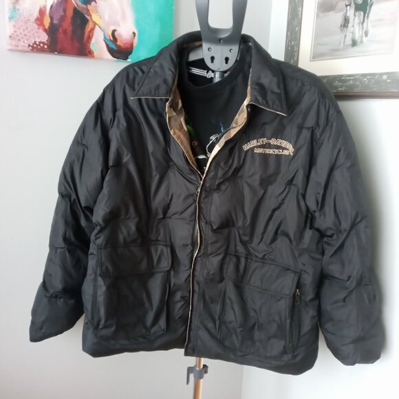 Vintage Harley Davidson Reversible Down Jacket black/camo size 2XL - Picture 1 of 11